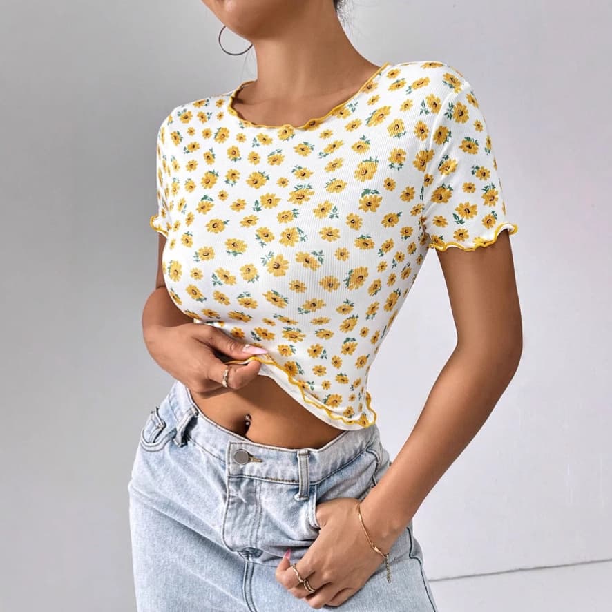 花柄 ファッション 可憐な小花畑 リブショートTシャツ