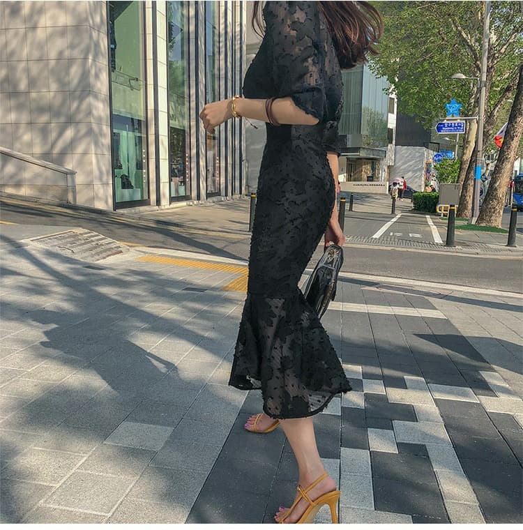 花柄 ファッション 花柄レース カシュクール ミモレ丈ワンピース 黒