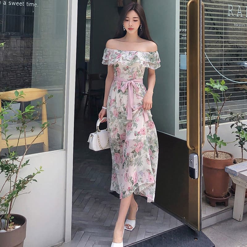 花柄 ファッション 優美な肩見せフリル花柄ワンピース