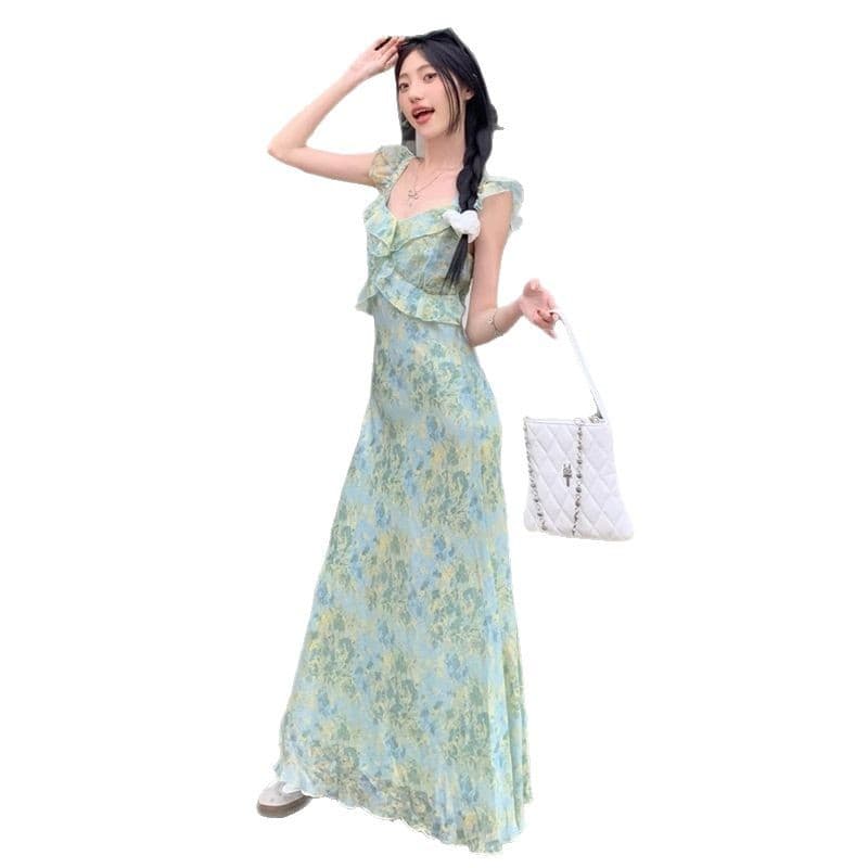 花柄 ファッション 優美な花園フリルロングワンピース