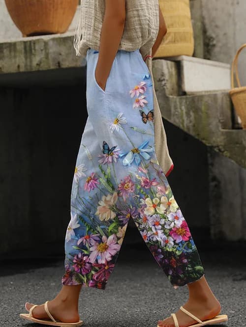 花柄 ファッション 彩り水彩模様ワイドパンツ