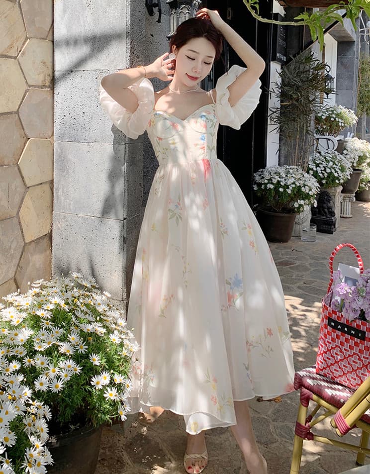 花柄 ファッション 優美な花柄オフショルダーフレアワンピース