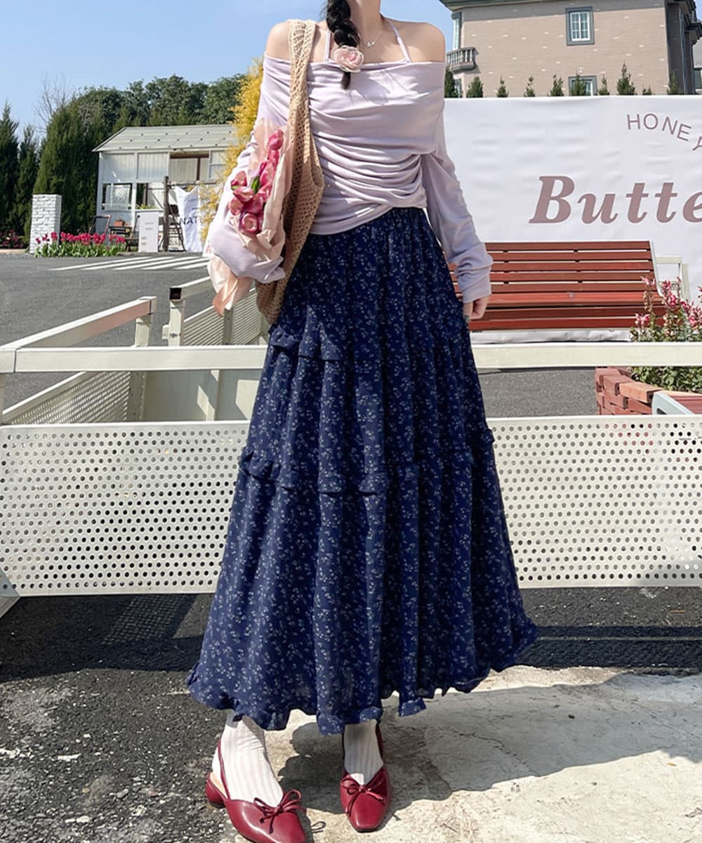 花柄 ファッション 華やか小花柄 三段ティアードロングスカート