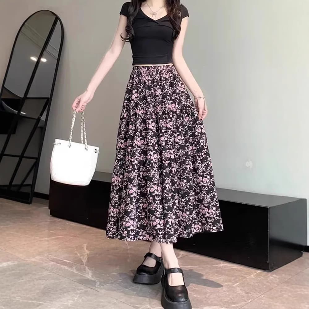 花柄 ファッション 優美な花園ロングフレアスカート