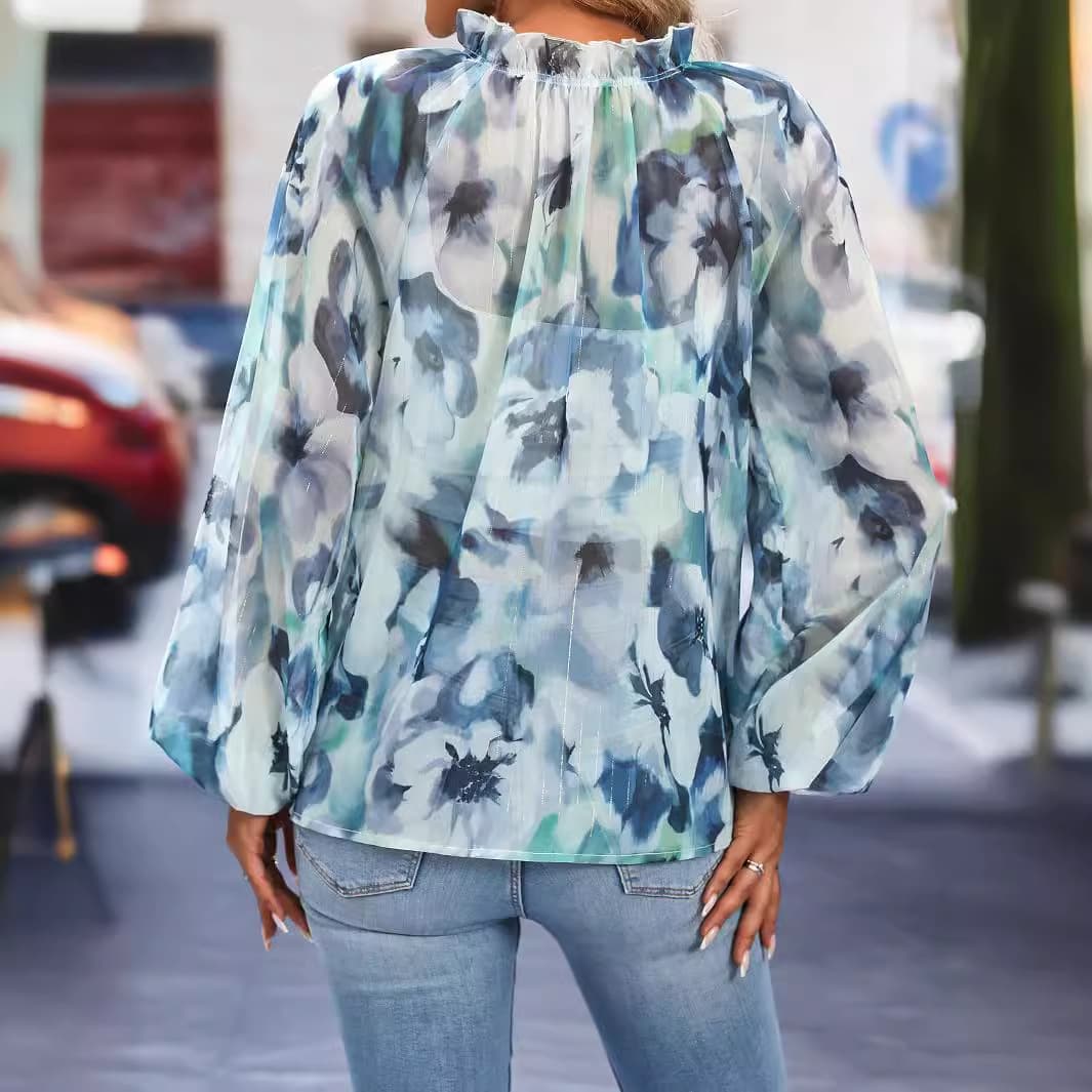 花柄 ファッション 水彩画風 フリルネック シアーブラウス