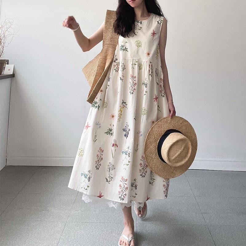 花柄 ファッション 2025年夏 優美な花柄ノースリーブワンピース
