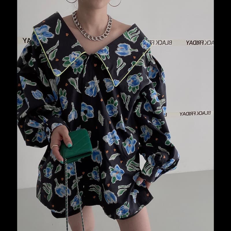 花柄 ファッション 花柄ビッグカラー長袖ブラウス
