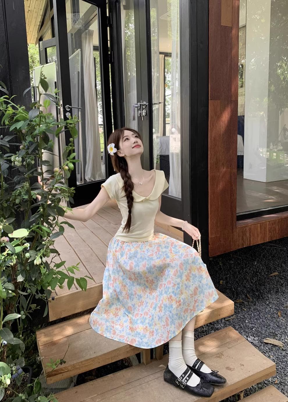 花柄 ファッション 優美な水彩花柄フレアスカート