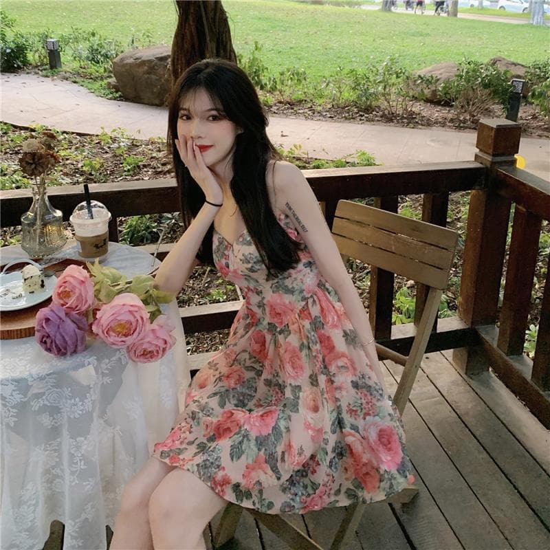 花柄 ファッション 優美なバラ咲くキャミソールワンピース