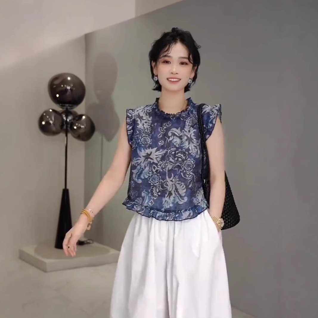 花柄 ファッション 優美唐草模様フリルノースリーブブラウス