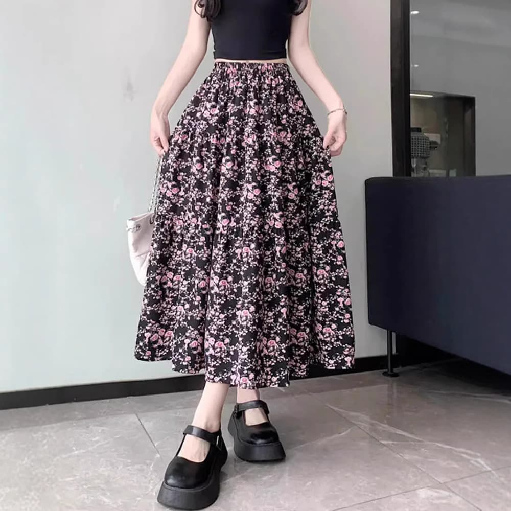 花柄 ファッション 優美な花園ロングフレアスカート