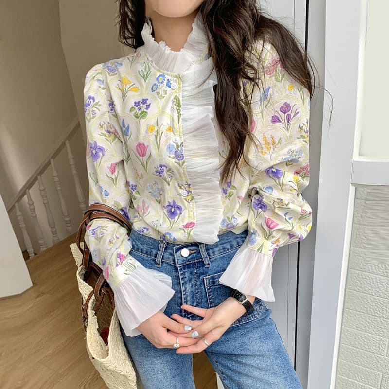 花柄 ファッション 花柄フリルネック ブラウス ラッパ袖 レディース長袖