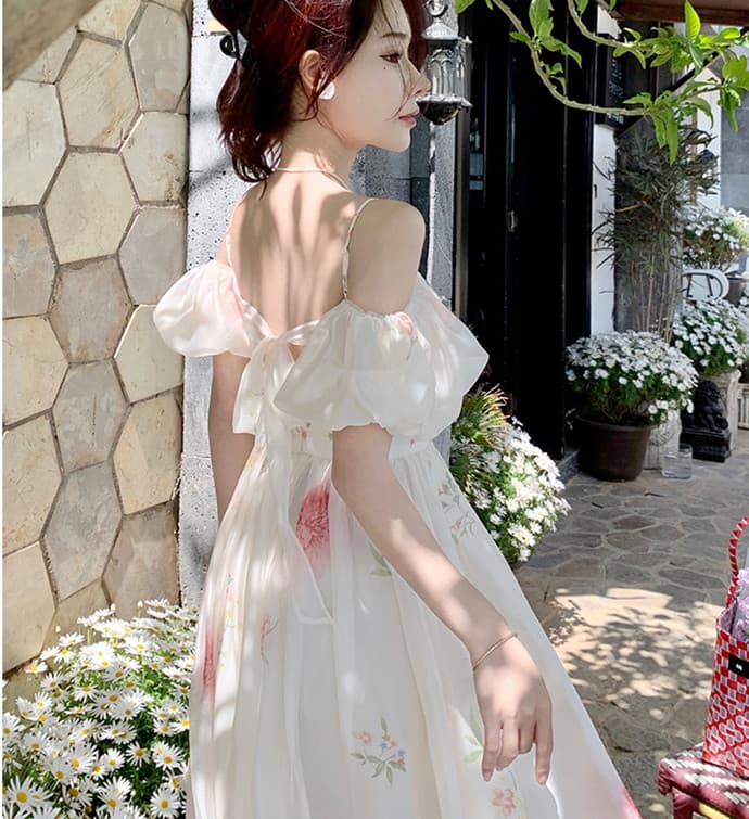 花柄 ファッション 優美な花柄オフショルダーフレアワンピース