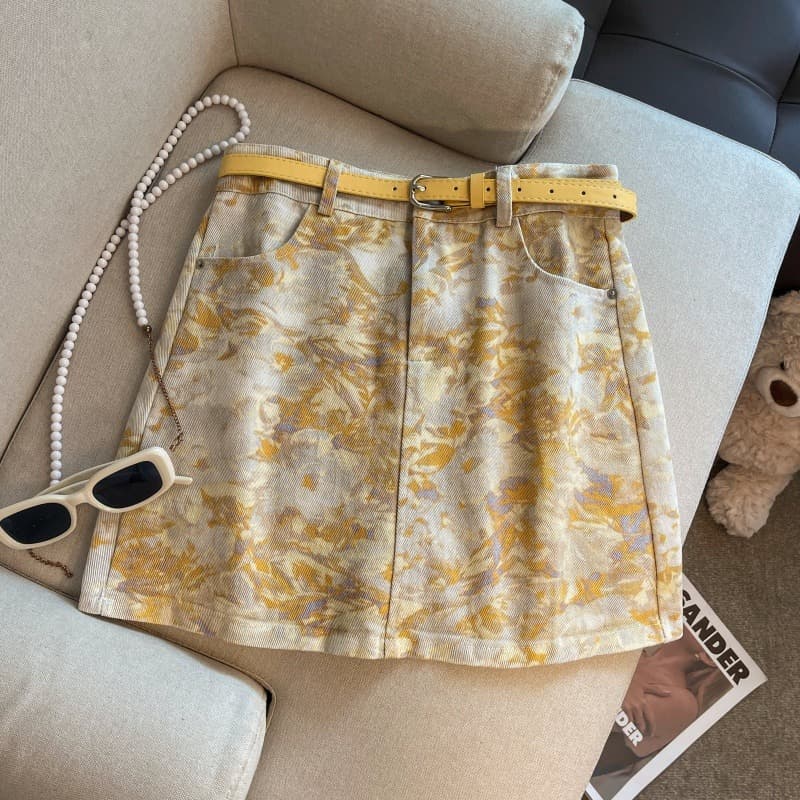 花柄 ファッション 花柄 ハイウエスト ミニスカート ベルト付き