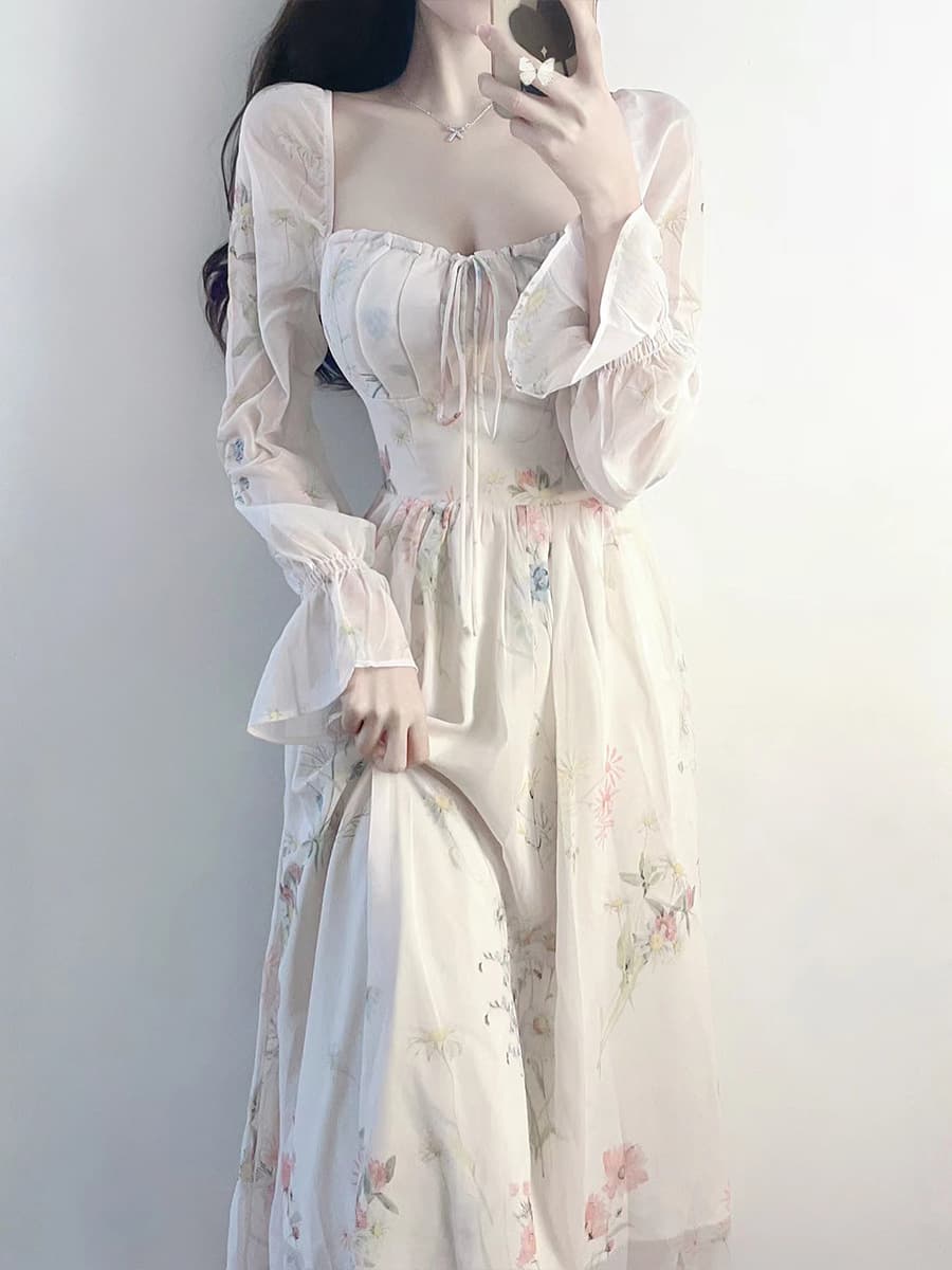 花柄 ファッション 優美な花柄シフォンロングワンピース