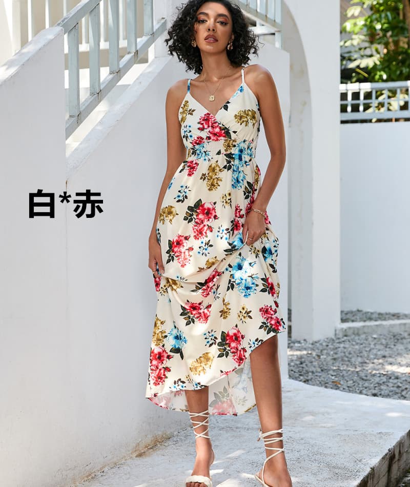 花柄 ファッション 花柄カシュクールキャミワンピース 南国風シャーリング