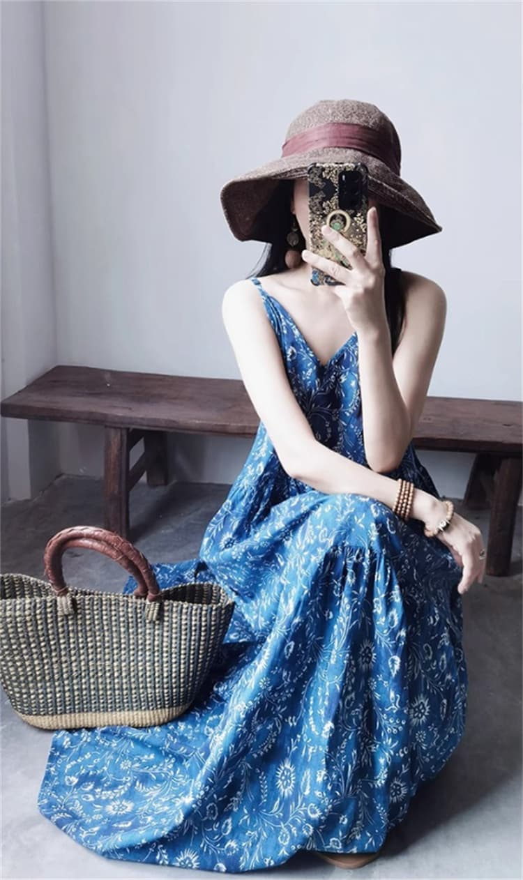花柄 ファッション レトロ花柄 Vネック マキシワンピース 夏向け