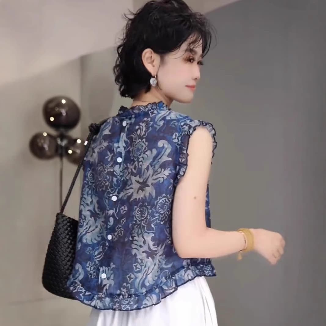 花柄 ファッション 優美唐草模様フリルノースリーブブラウス