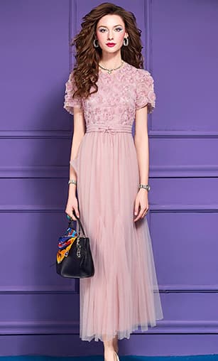 花柄 ファッション 立体花モチーフチュールロングワンピース