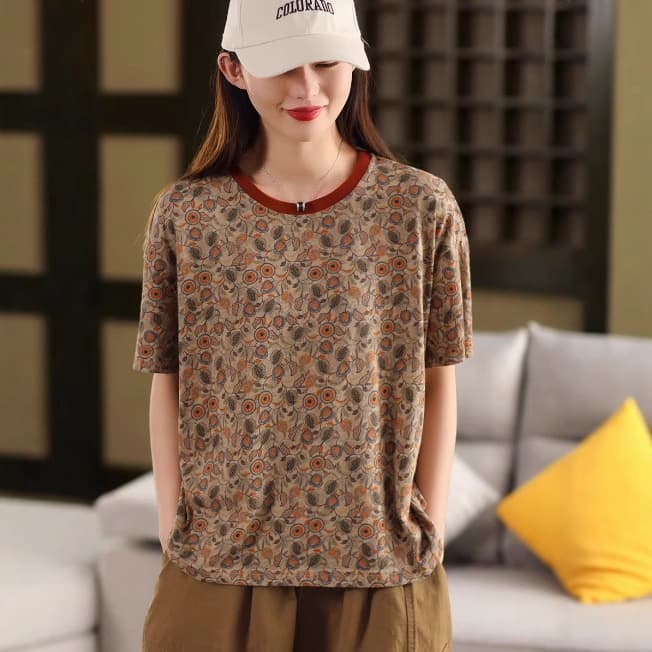 花柄 ファッション 花織りの詩 レトロ風ゆったりTシャツ