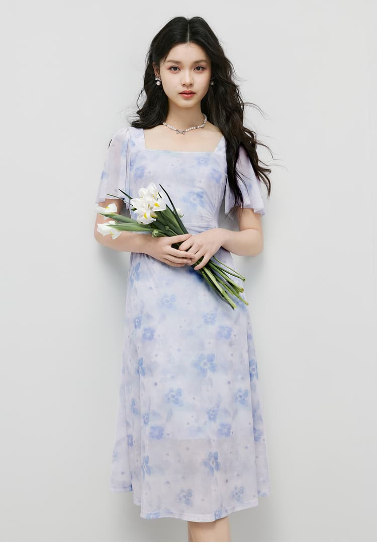 花柄 ファッション 優美な花影 フレア袖ミディワンピース