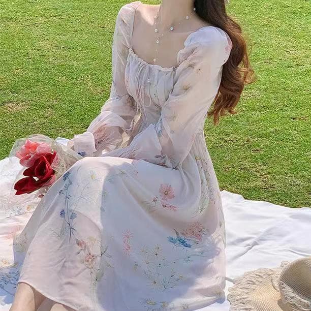 花柄 ファッション 優美な花柄シフォンロングワンピース