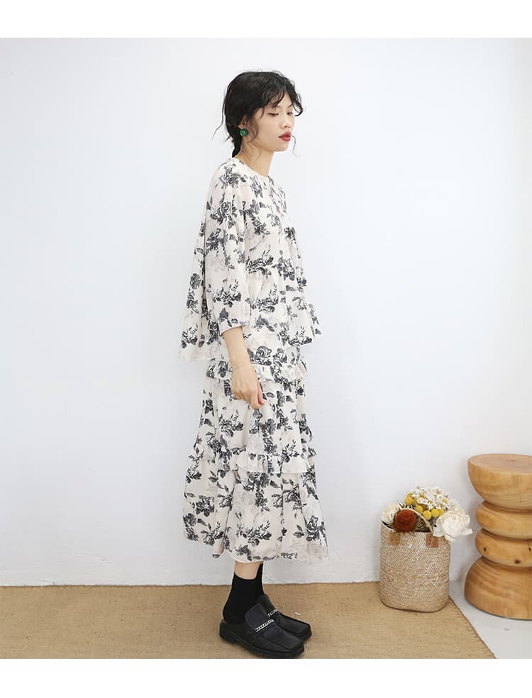 花柄 ファッション 薔薇模様の優美ティアードスカート