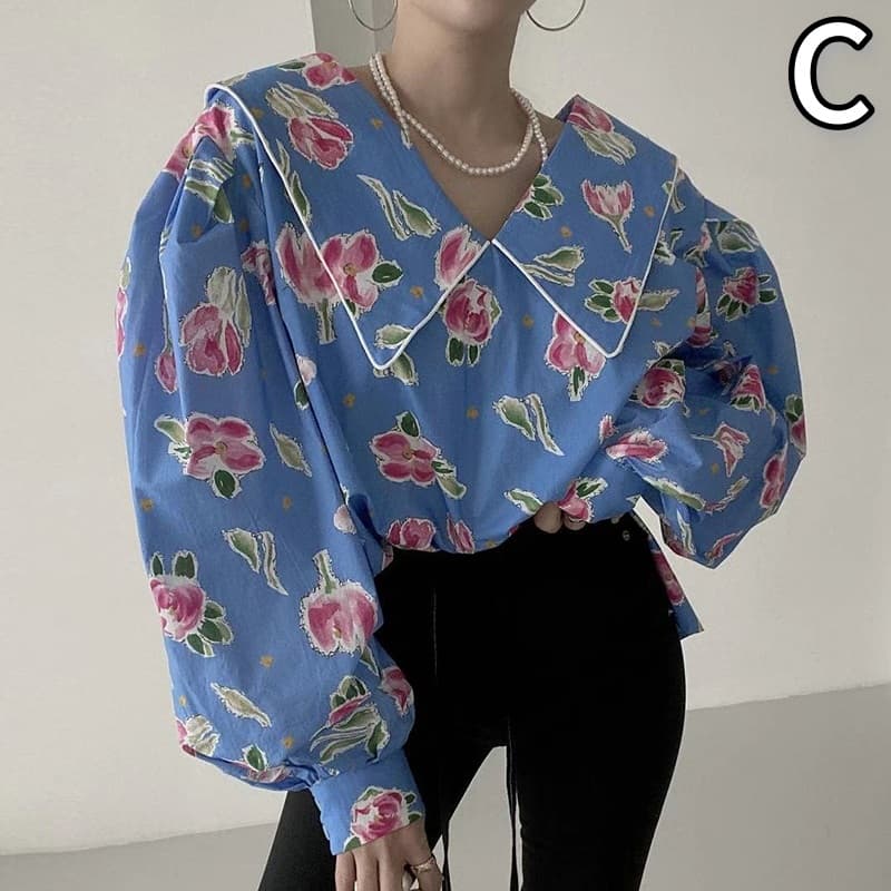 花柄 ファッション 花柄ビッグカラー長袖ブラウス