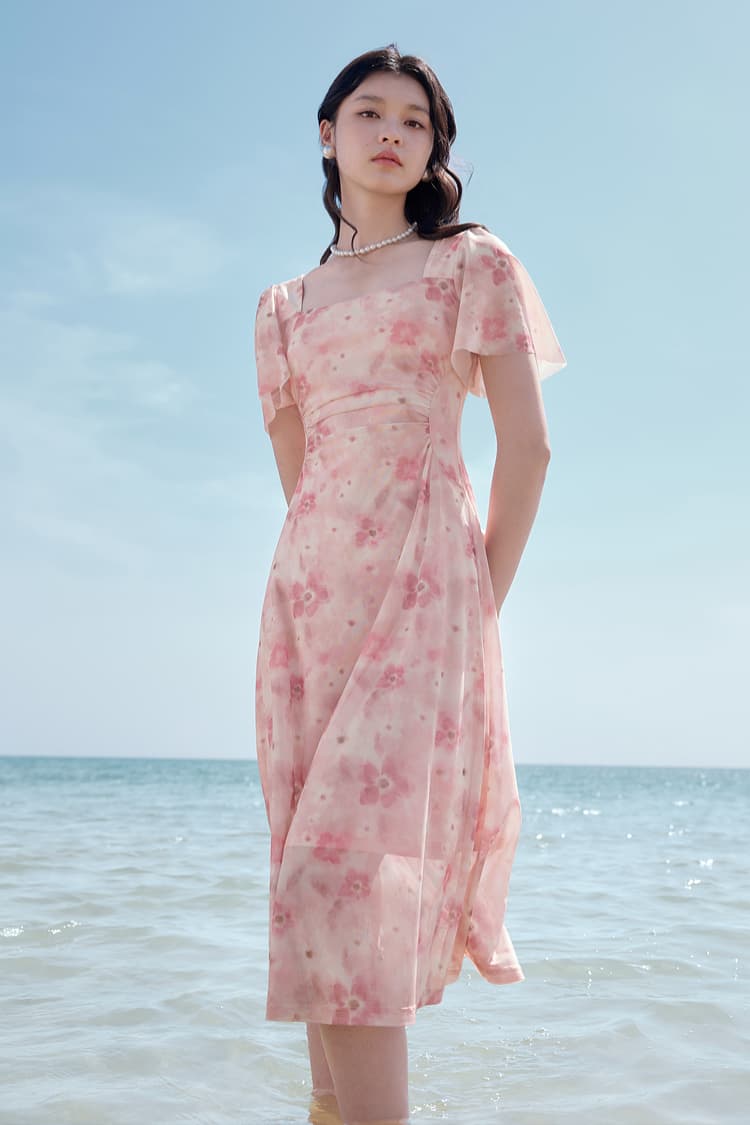 花柄 ファッション 優美な花影 フレア袖ミディワンピース