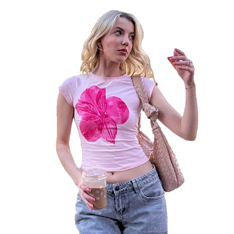 花柄 ファッション 華やか一輪花デザイン半袖Tシャツ