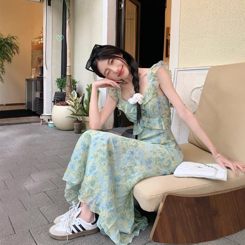 花柄 ファッション 優美な花園フリルロングワンピース