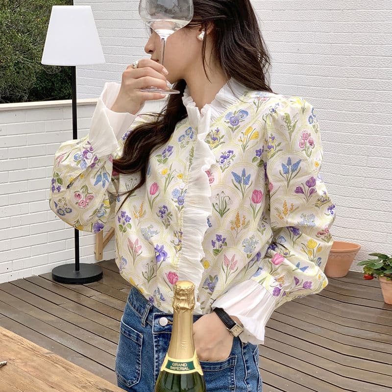 花柄 ファッション 花柄フリルネック ブラウス ラッパ袖 レディース長袖