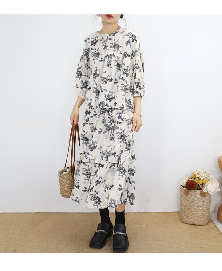 花柄 ファッション 薔薇模様の優美ティアードスカート