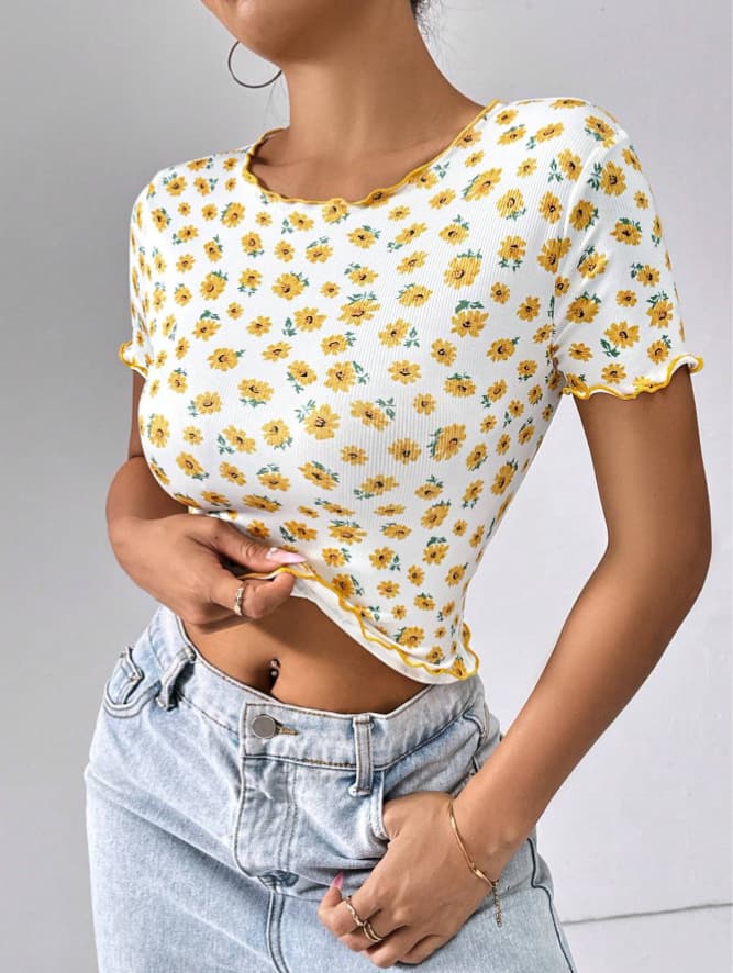花柄 ファッション 可憐な小花畑 リブショートTシャツ