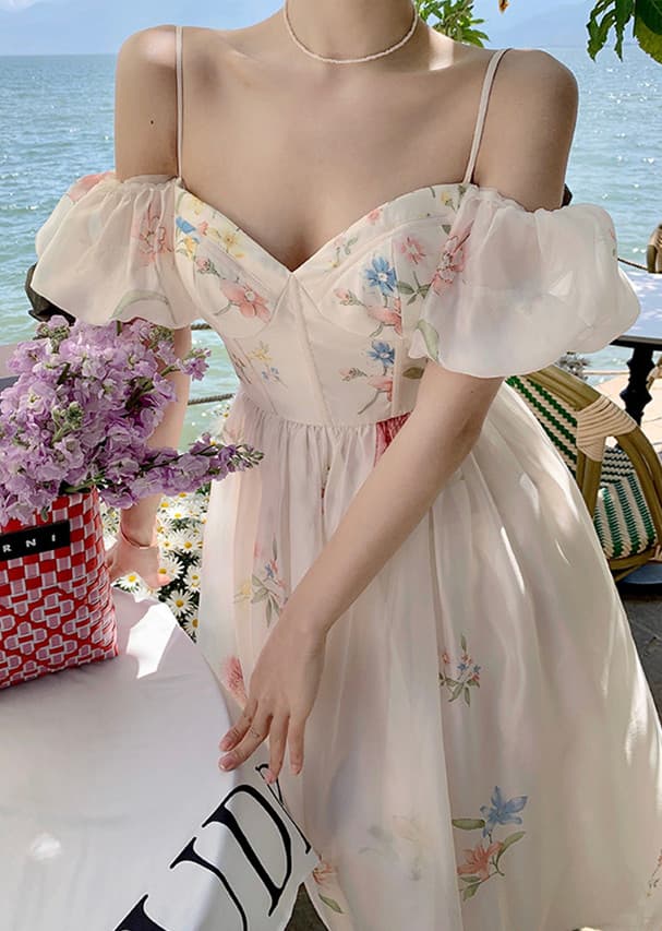 花柄 ファッション 優美な花柄オフショルダーフレアワンピース