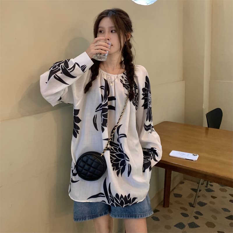 花柄 ファッション 秋映え 花柄ゆったりTシャツ 体型カバー カジュアルトップス