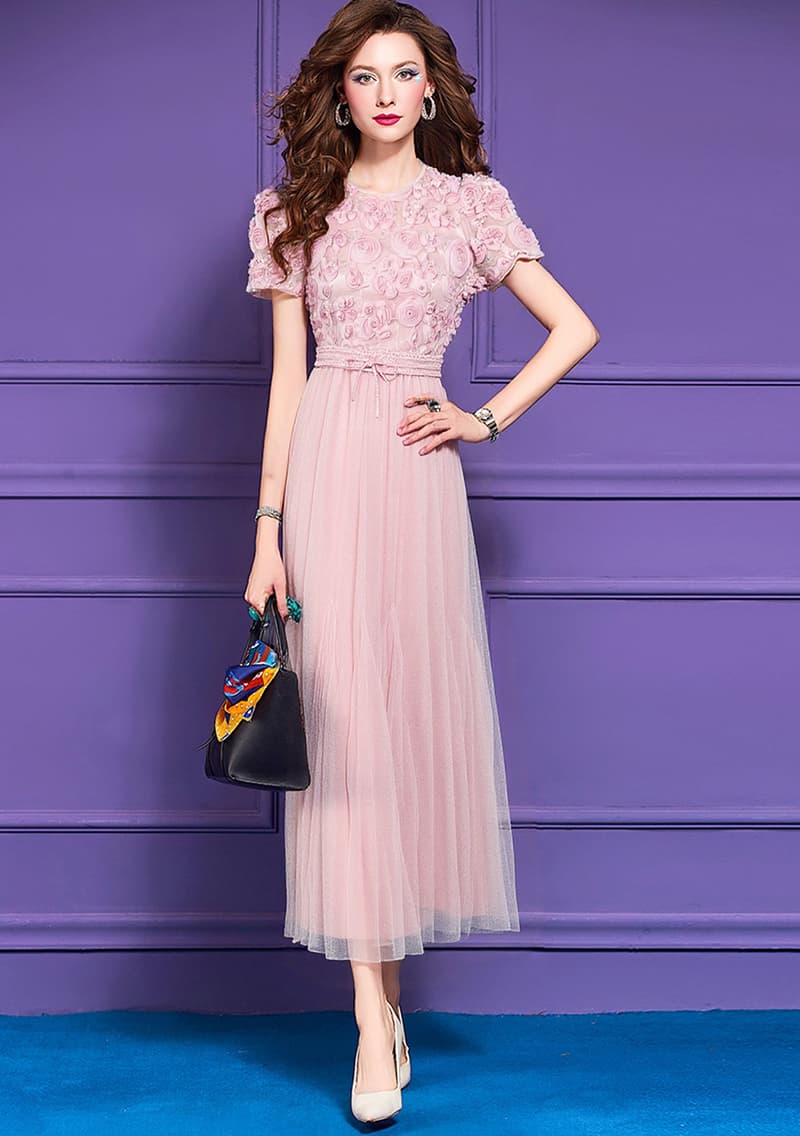花柄 ファッション 立体花モチーフチュールロングワンピース
