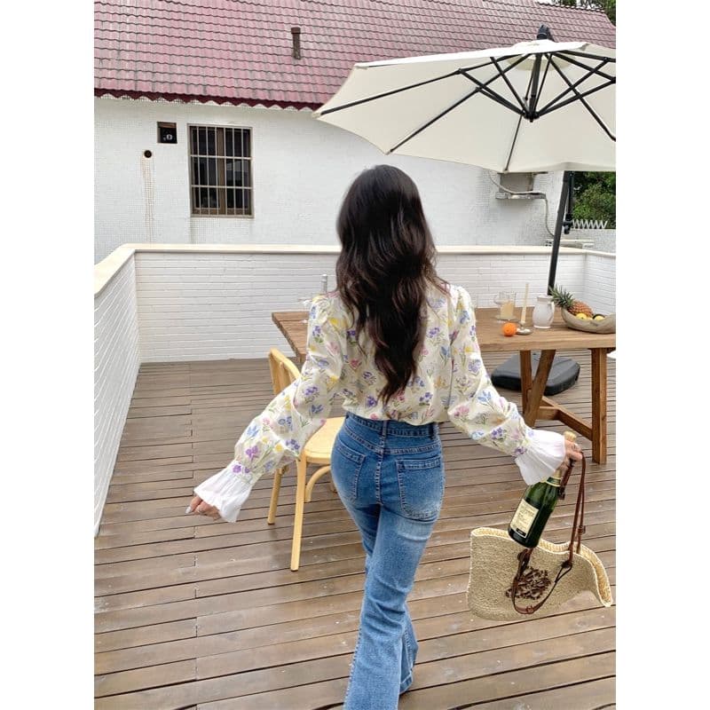 花柄 ファッション 花柄フリルネック ブラウス ラッパ袖 レディース長袖