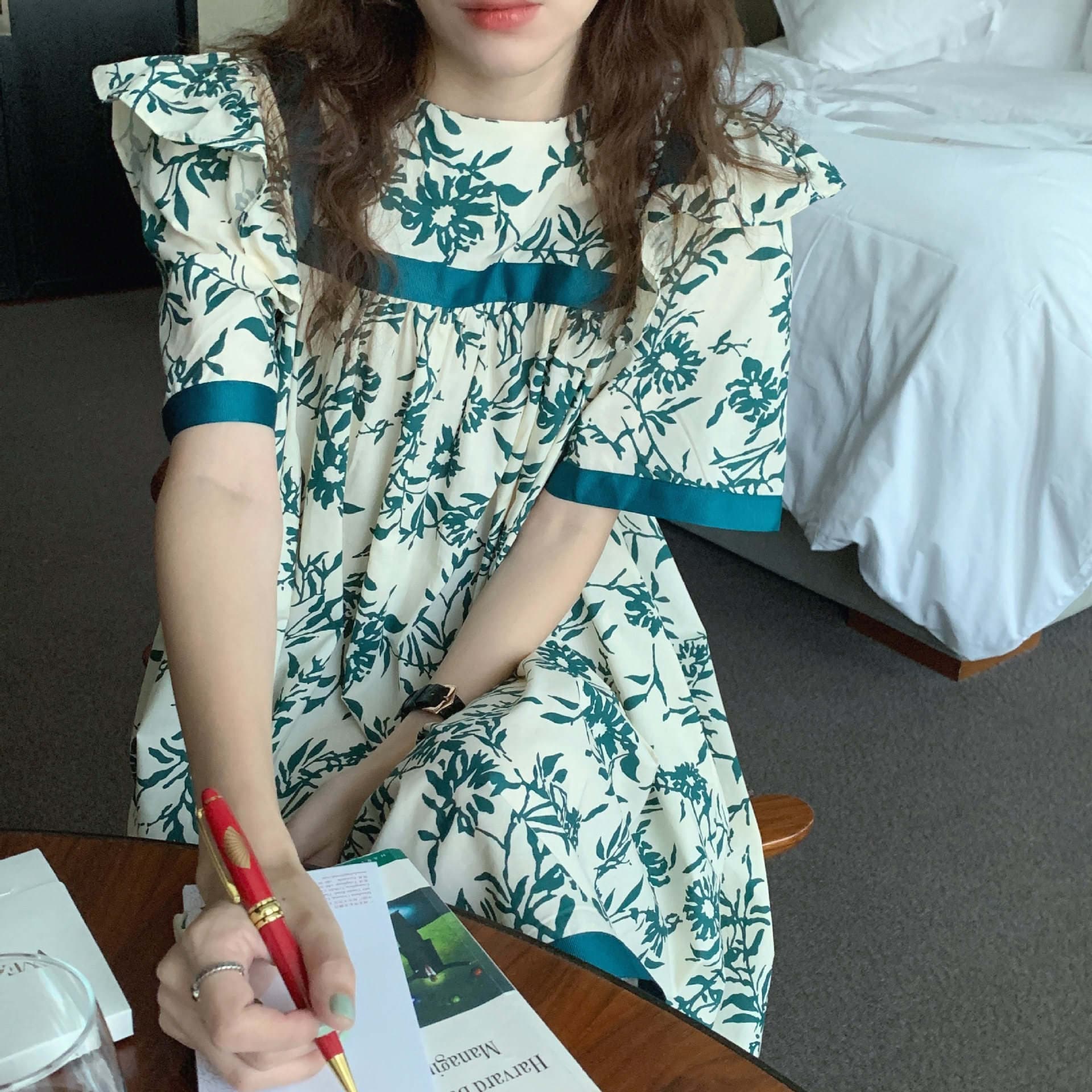 花柄 ファッション 爽やか花柄 青緑ライン ドール ワンピース