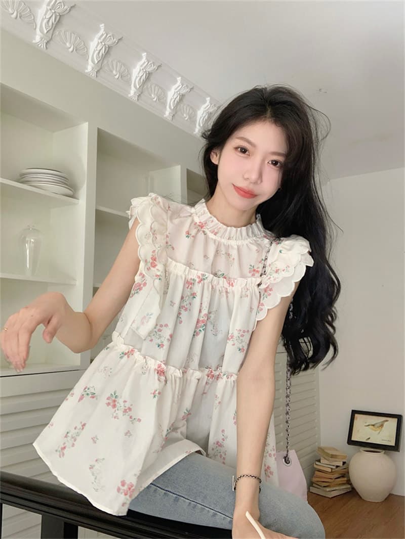 花柄 ファッション 夏新作 小花柄フリルブラウス ゆったりシルエット