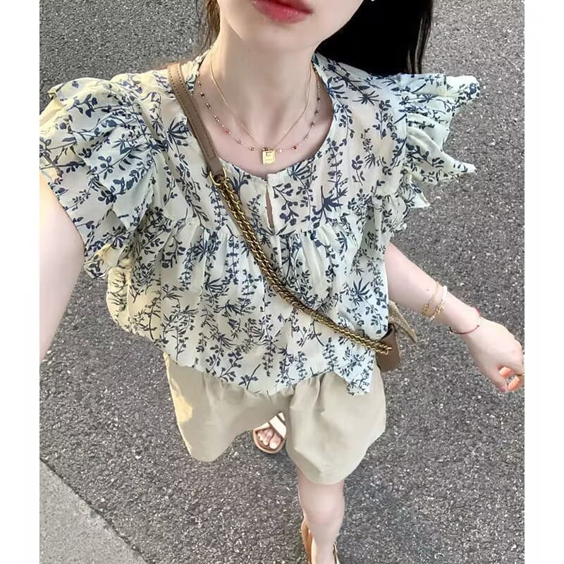 花柄 ファッション 優美な草花模様フリルブラウス