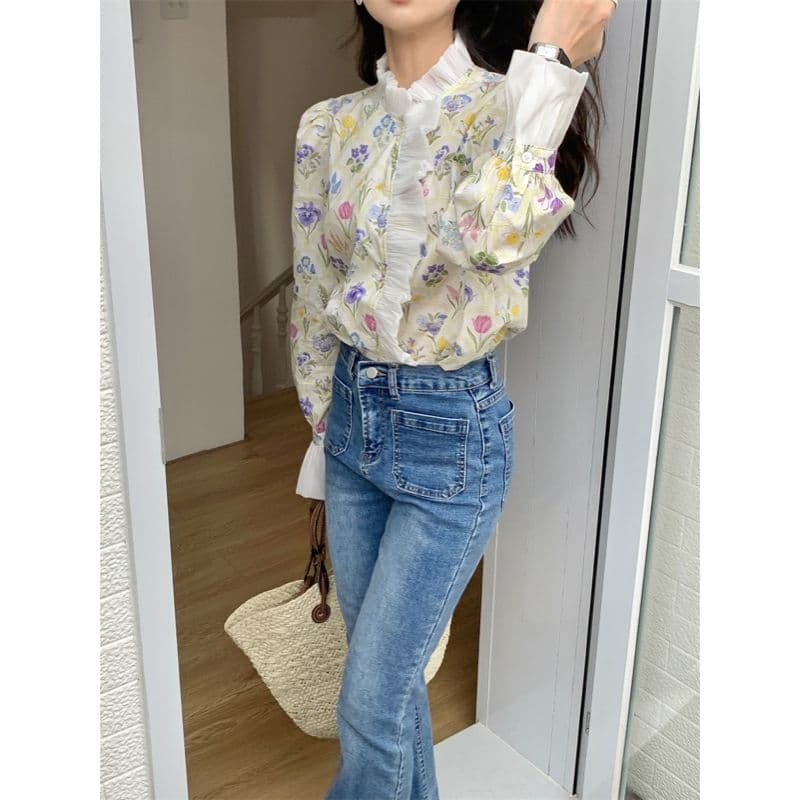 花柄 ファッション 花柄フリルネック ブラウス ラッパ袖 レディース長袖