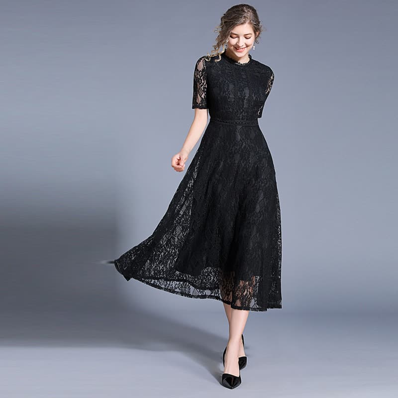花柄 ファッション 花柄レース ミモレ丈ワンピース 上品フレアシルエット